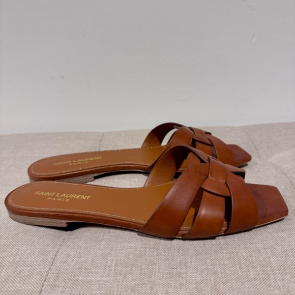 Authentic SAINT LAURENT YSL TRIBUTE AMBER BROWN LEATHER SANDALS FLATS MULES 39/8 - Picture 7 of 10